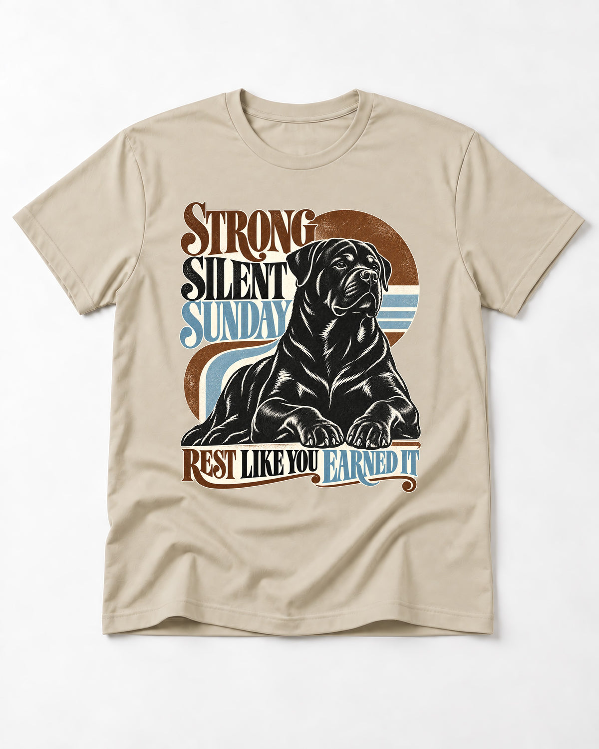 Strong Silent Sunday Rottweiler T-Shirt in Sand, flat lay product photo