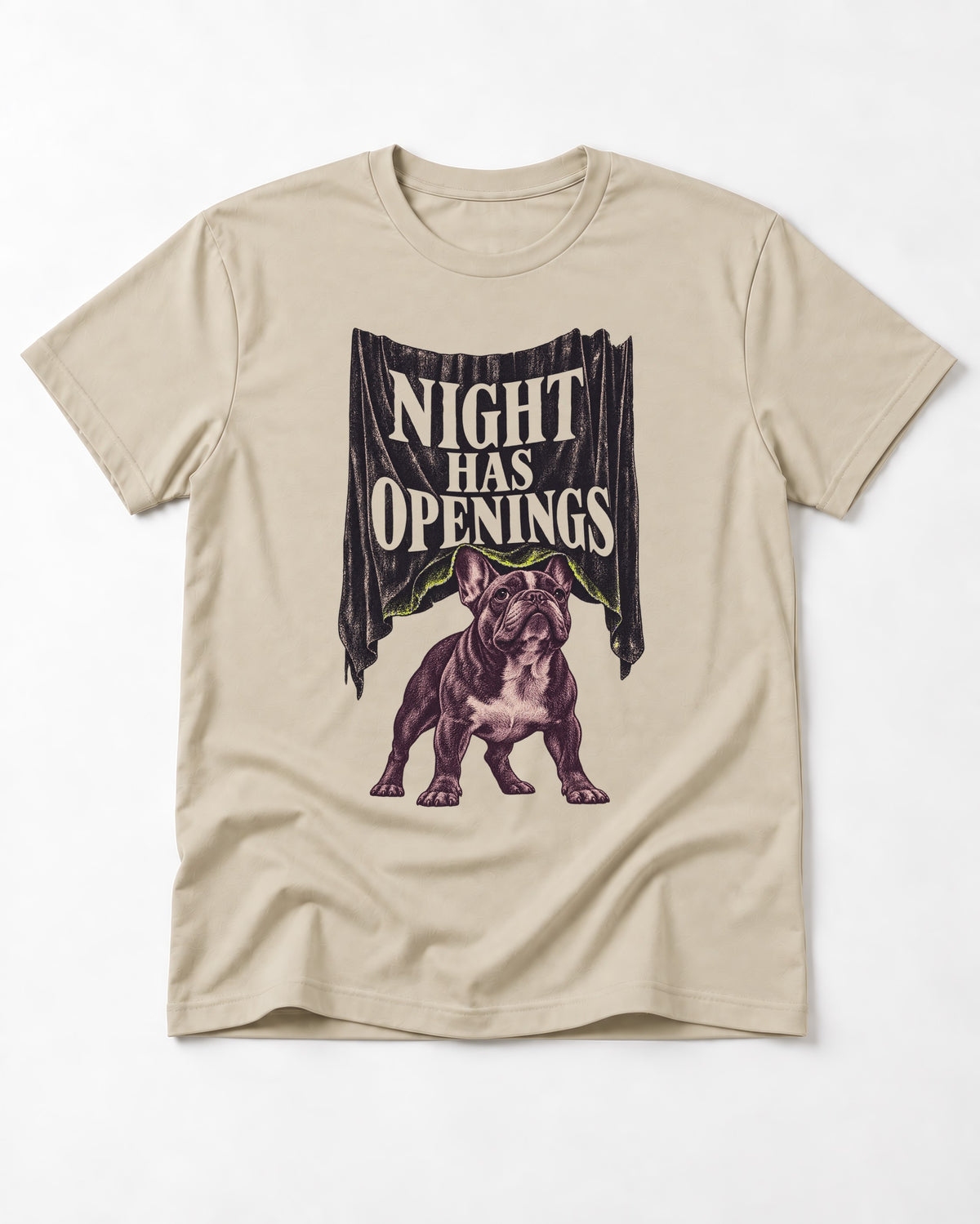 Night Has Openings Frenchie T-Shirt in Sand, flat lay product photo