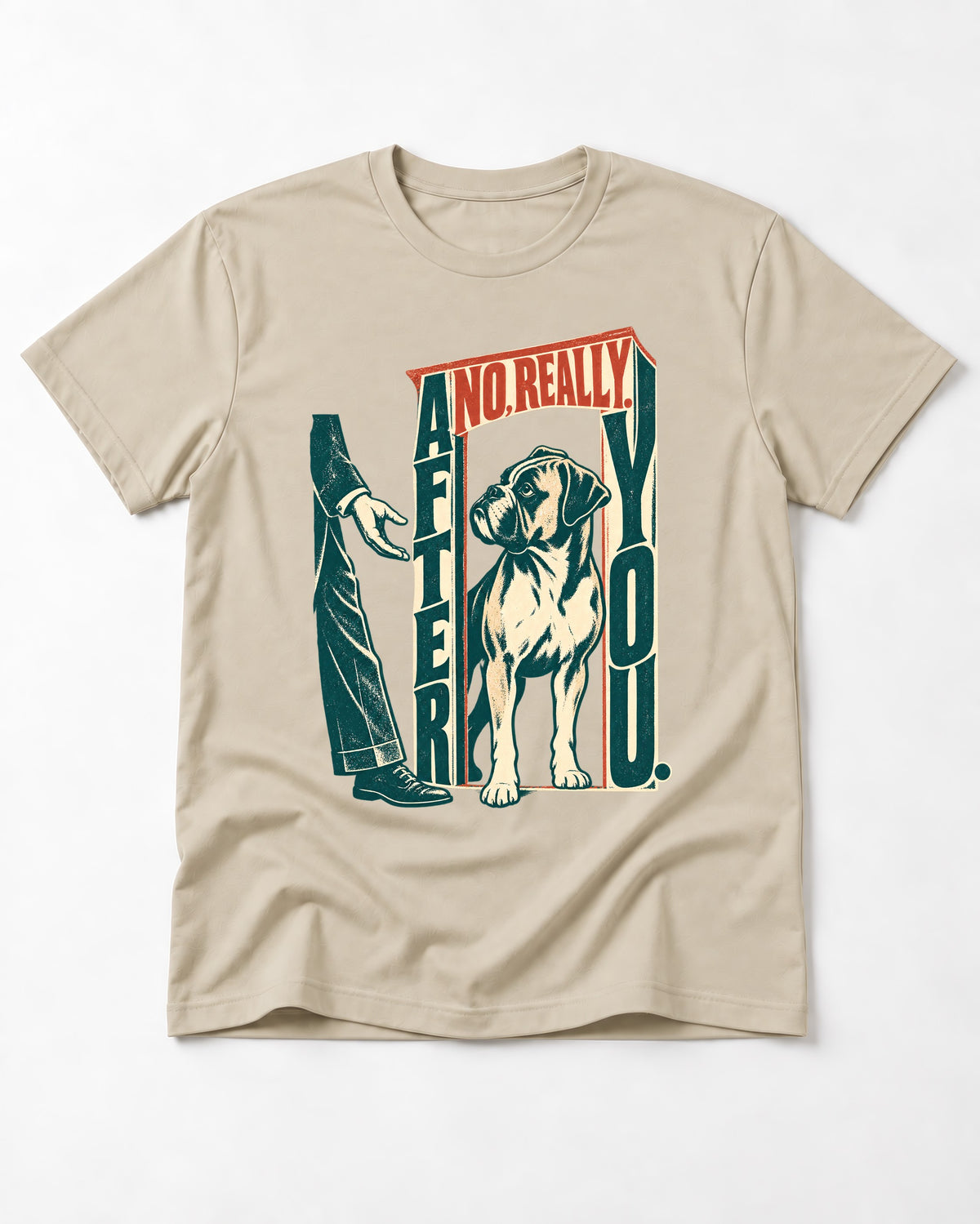Boxer Says After You T-Shirt in Sand, flat lay product photo