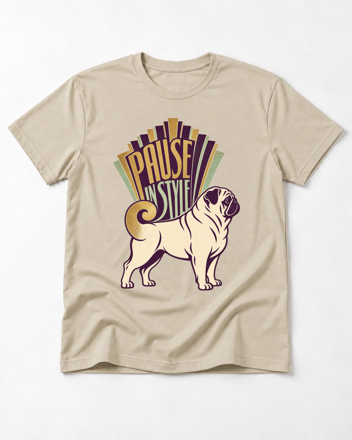 Pug Pause T-Shirt in Sand, flat lay product photo
