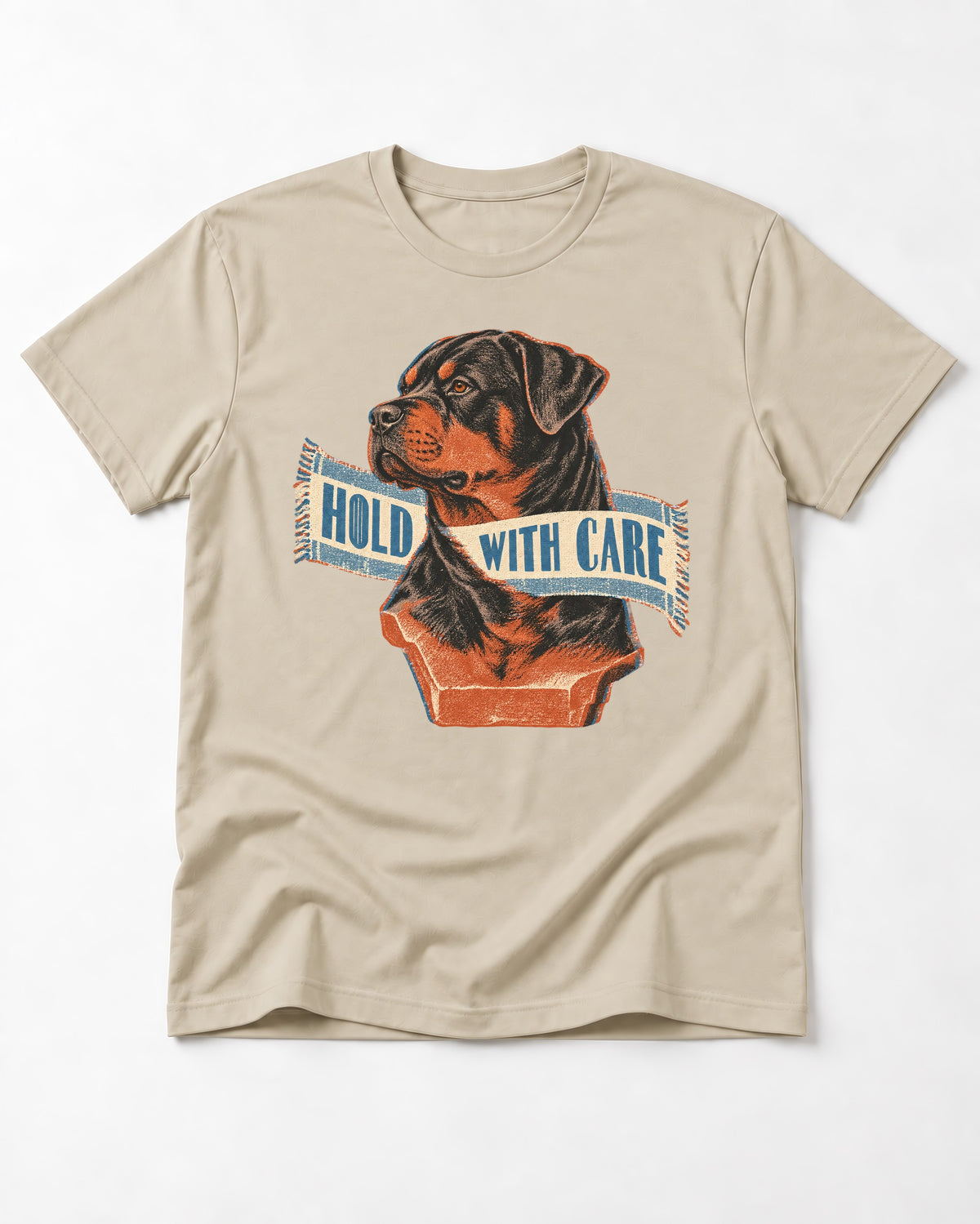 Rottweiler Hold with Care T-Shirt in Sand, flat lay product photo