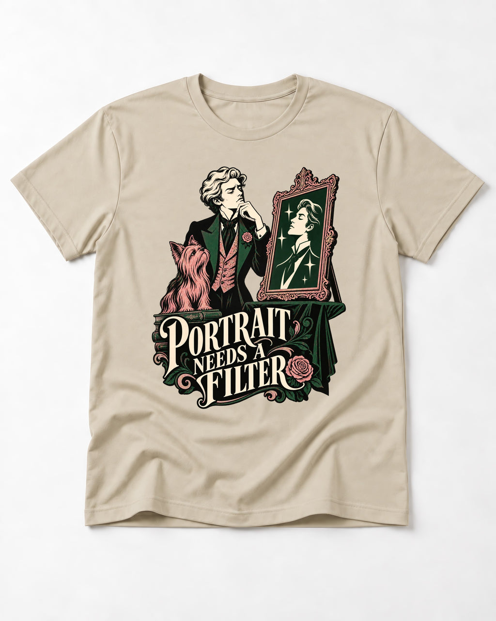 Yorkshire Terrier Needs a Filter T-Shirt in Sand, flat lay product photo