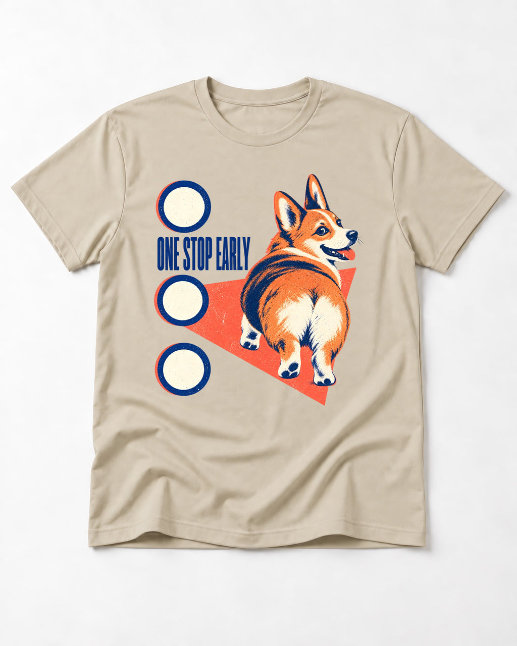 One Stop Early Corgi T-Shirt in Sand, flat lay product photo