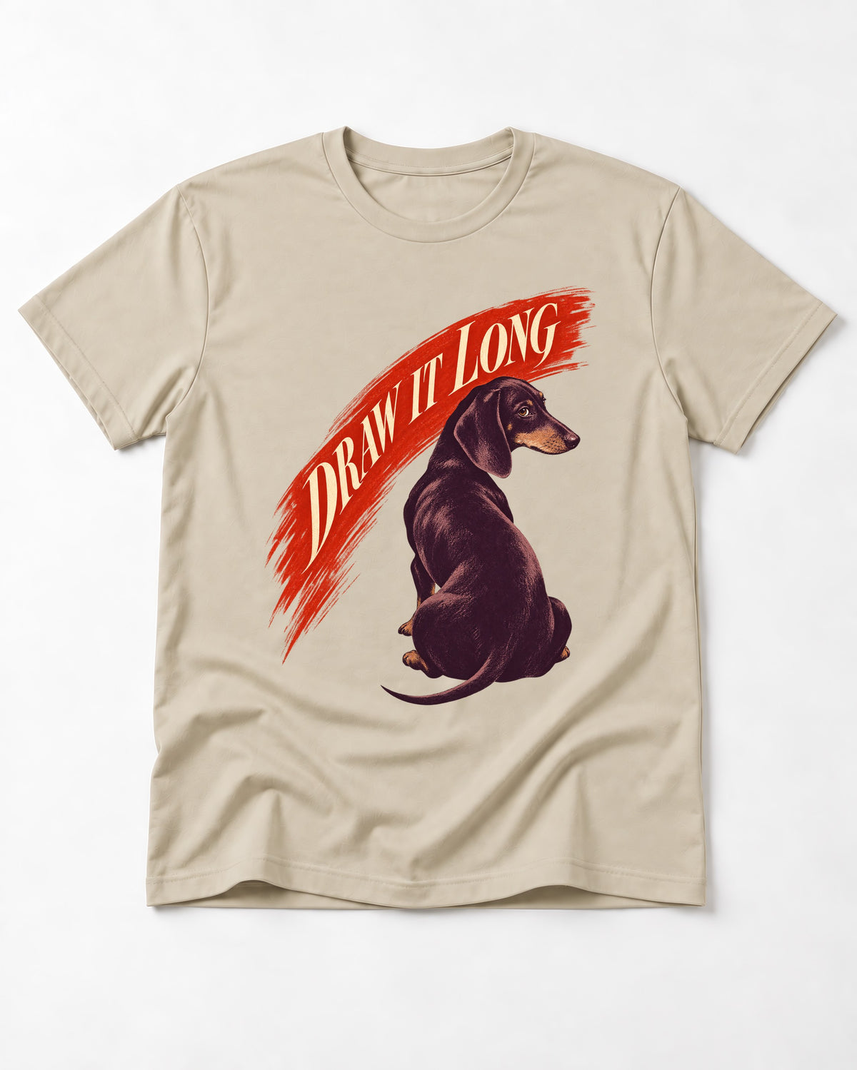 Draw It Long Dachshund T-Shirt in Sand, flat lay product photo
