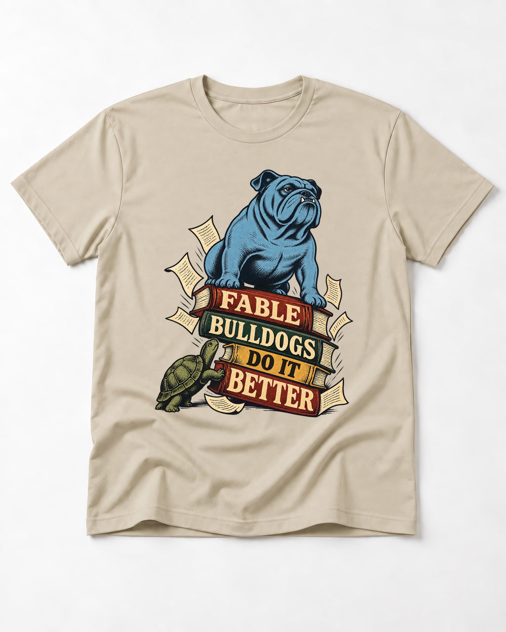 English Bulldog Does It Better T-Shirt in Sand, flat lay product photo