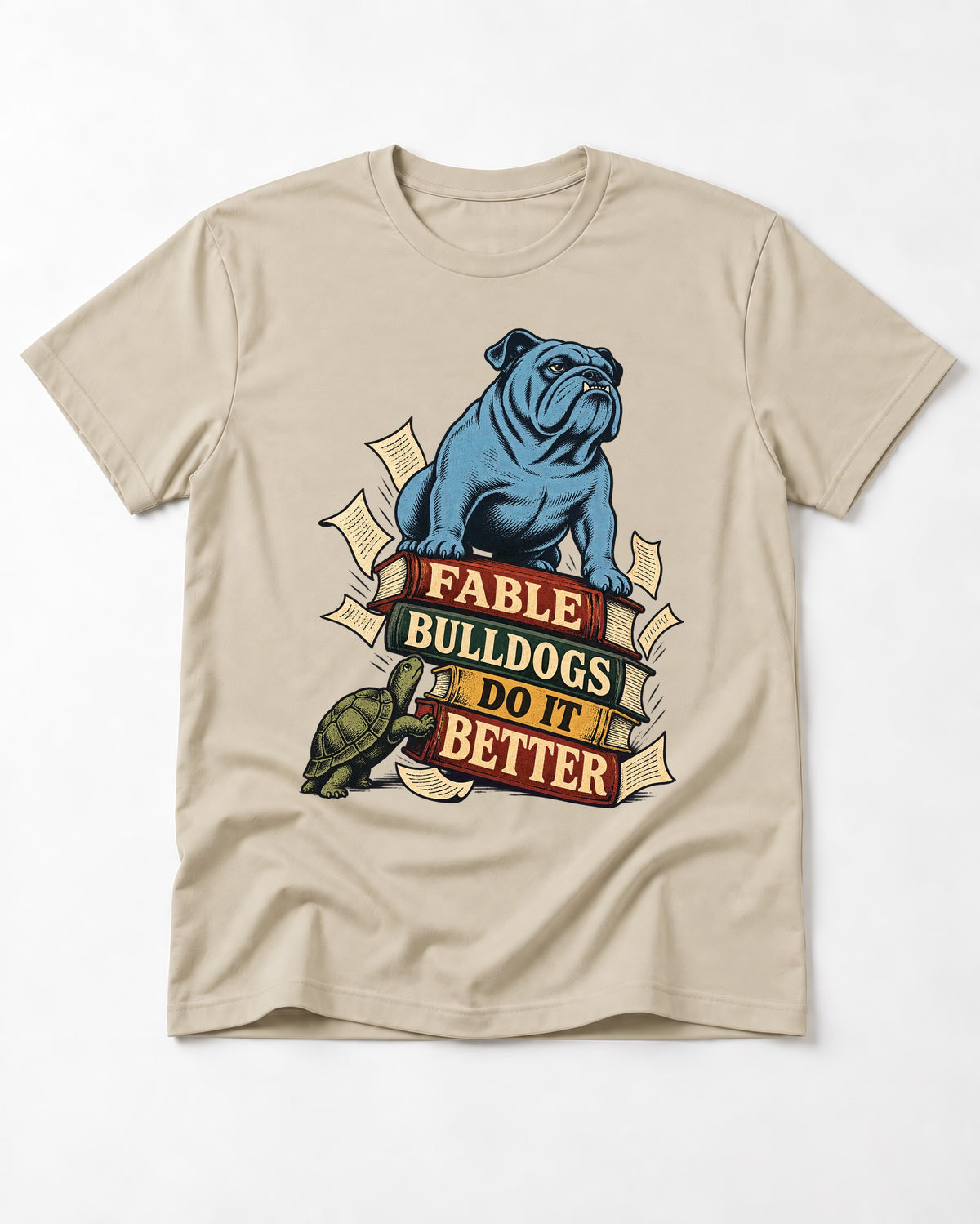 English Bulldog Does It Better T-Shirt in Sand, flat lay product photo