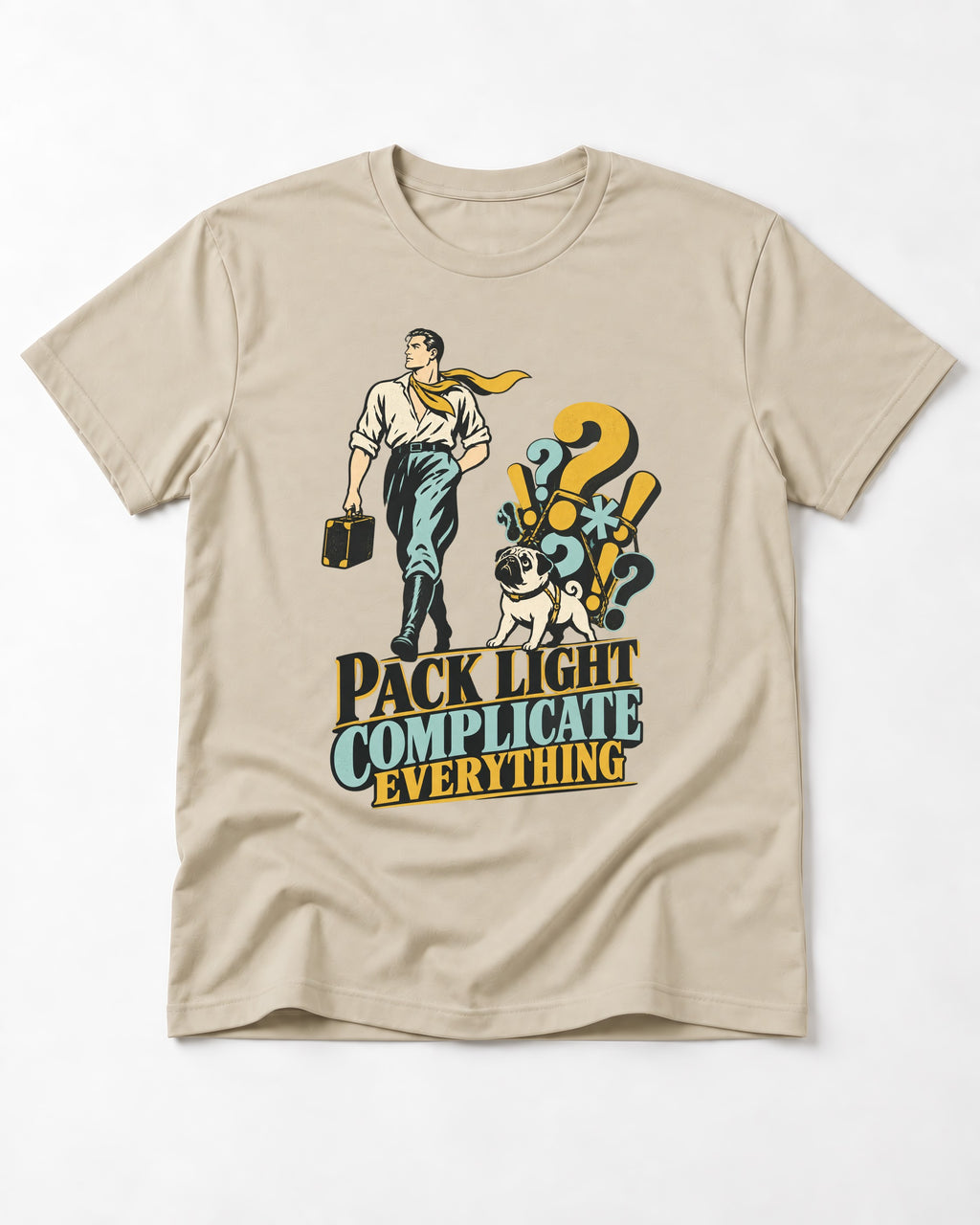 Pug Pack Light Complicate Everything T-Shirt in Sand, flat lay product photo