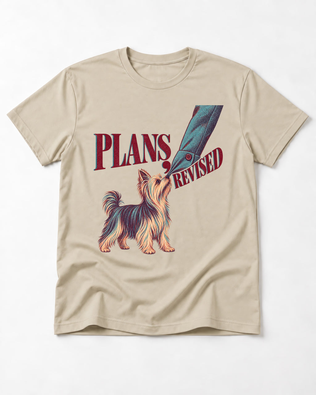 Yorkshire Terrier Plans Revised T-Shirt in Sand, flat lay product photo