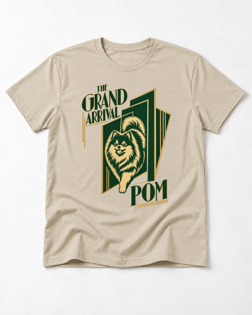 The Grand Arrival Pomeranian T-Shirt in Sand, flat lay product photo