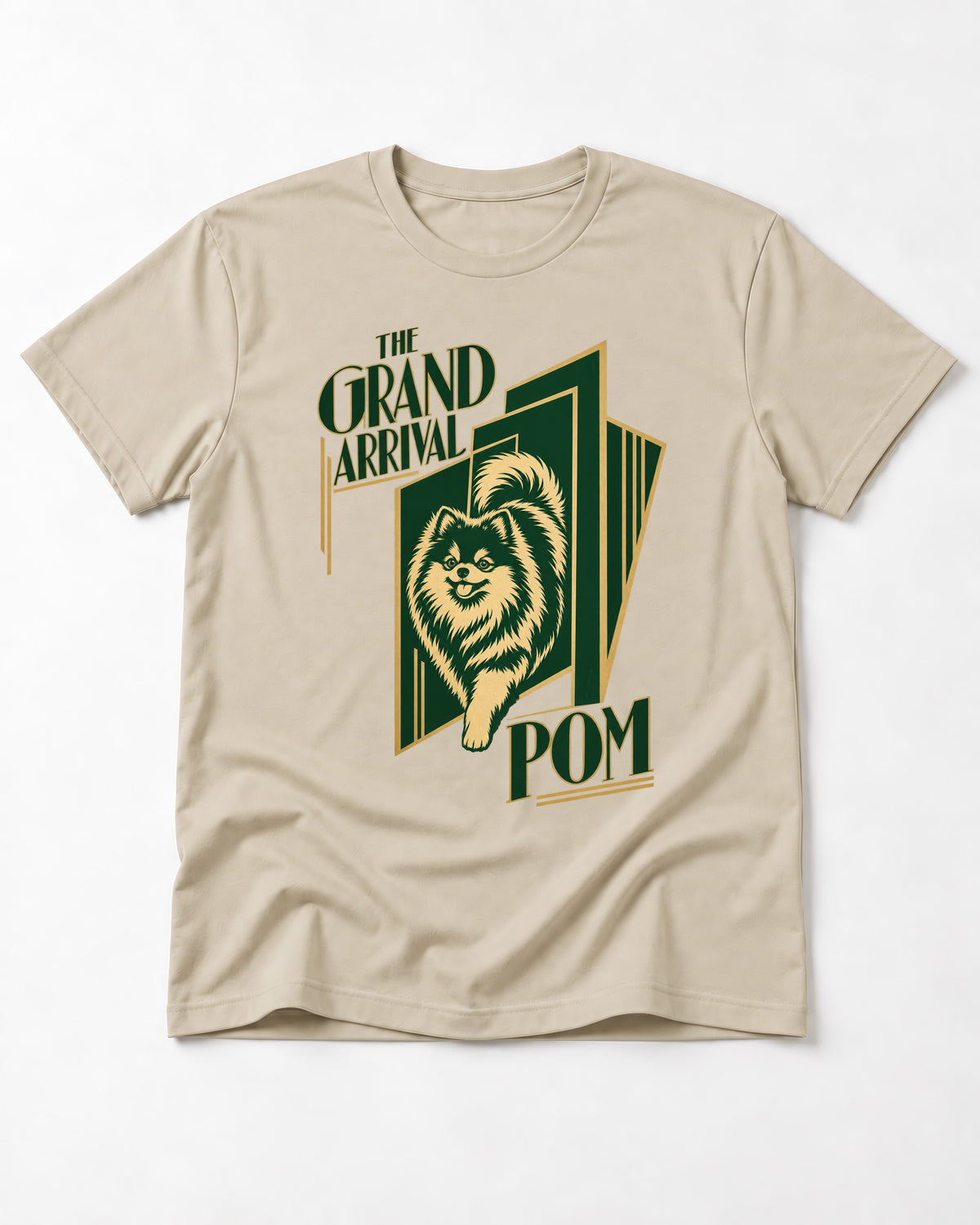 The Grand Arrival Pomeranian T-Shirt in Sand, flat lay product photo