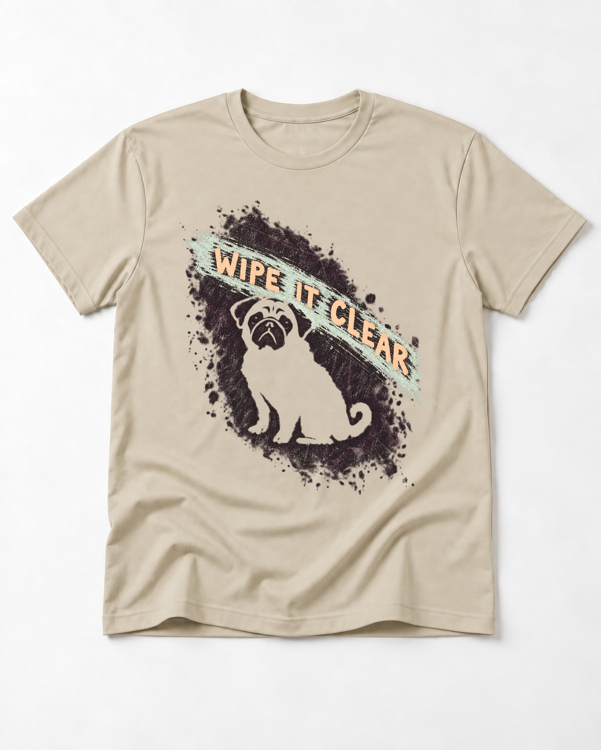 Pug Wipe It Clear T-Shirt in Sand, flat lay product photo