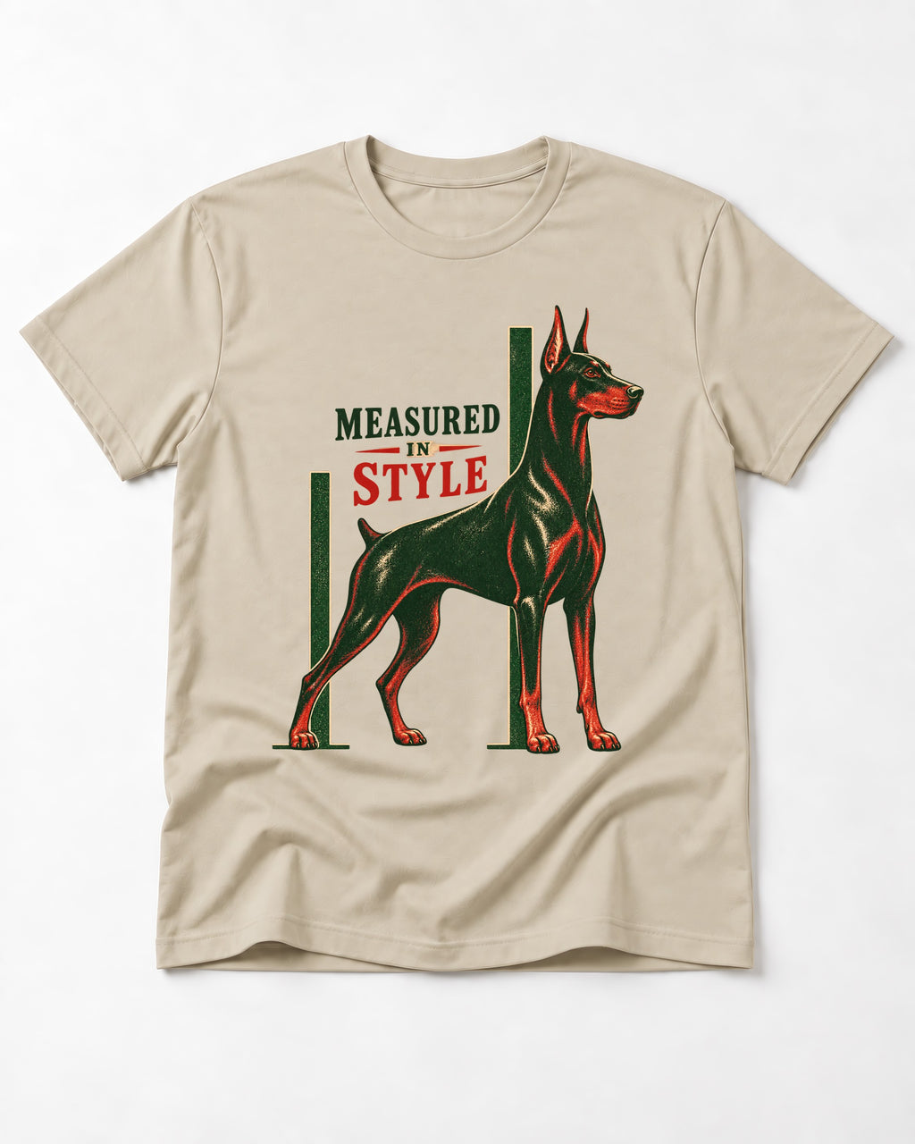 Measured in Doberman T-Shirt in Sand, flat lay product photo
