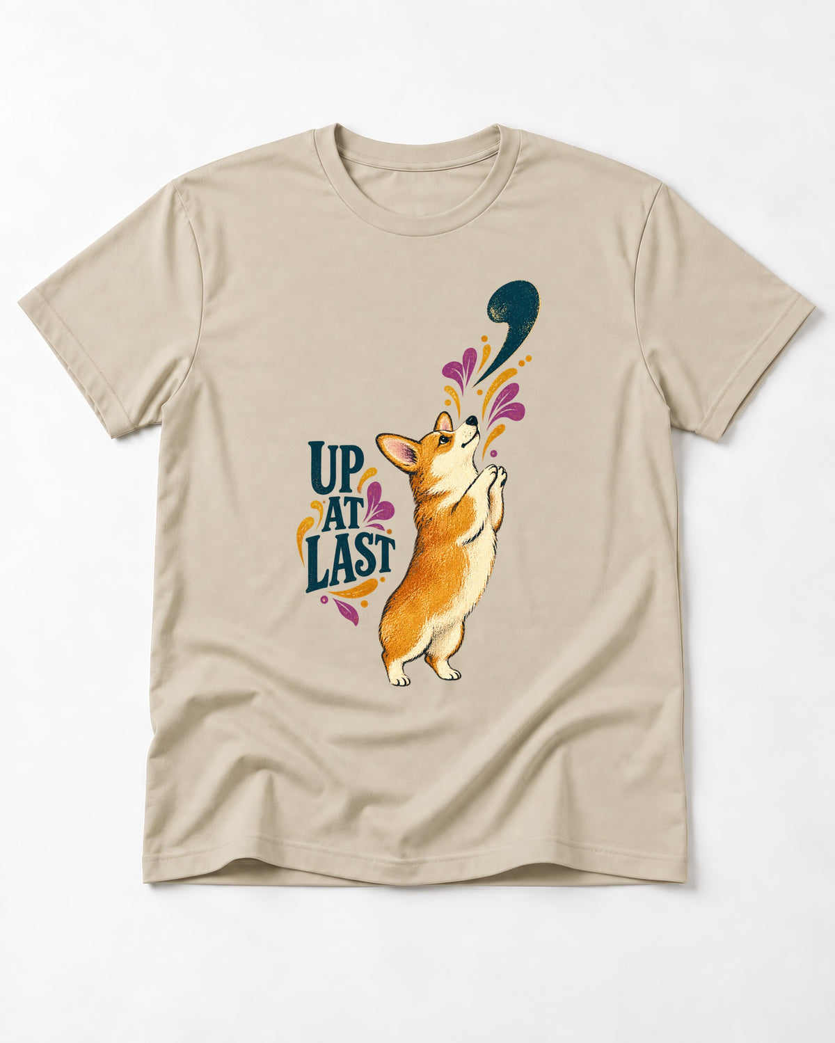 Corgi Up at Last T-Shirt in Sand, flat lay product photo