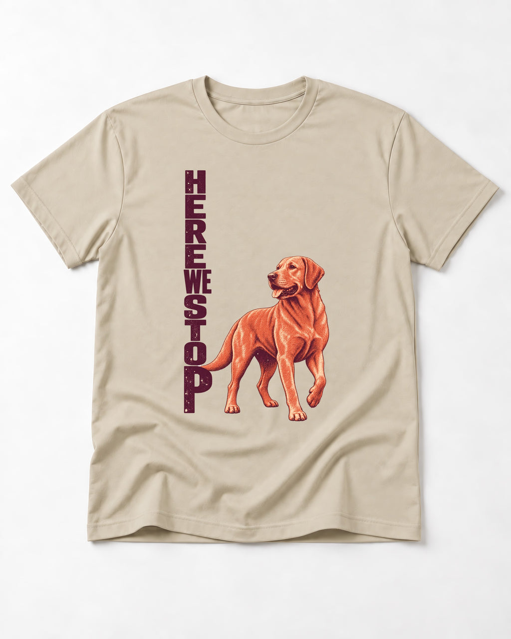 Here We Stop Labrador Retriever T-Shirt in Sand, flat lay product photo