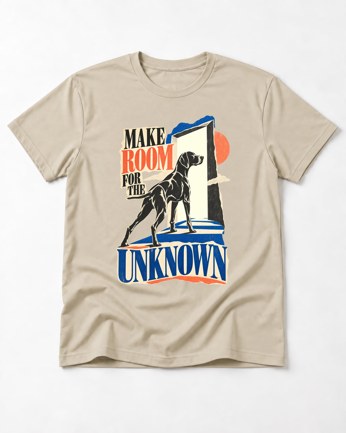 German Shorthaired Pointer Room for the Unknown T-Shirt in Sand, flat lay product photo