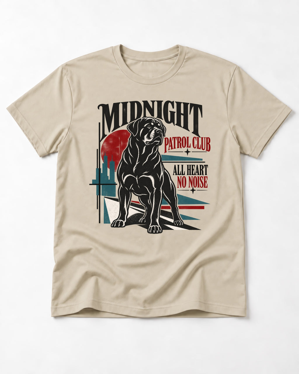 Rottweiler Midnight Patrol Club T-Shirt in Sand, flat lay product photo