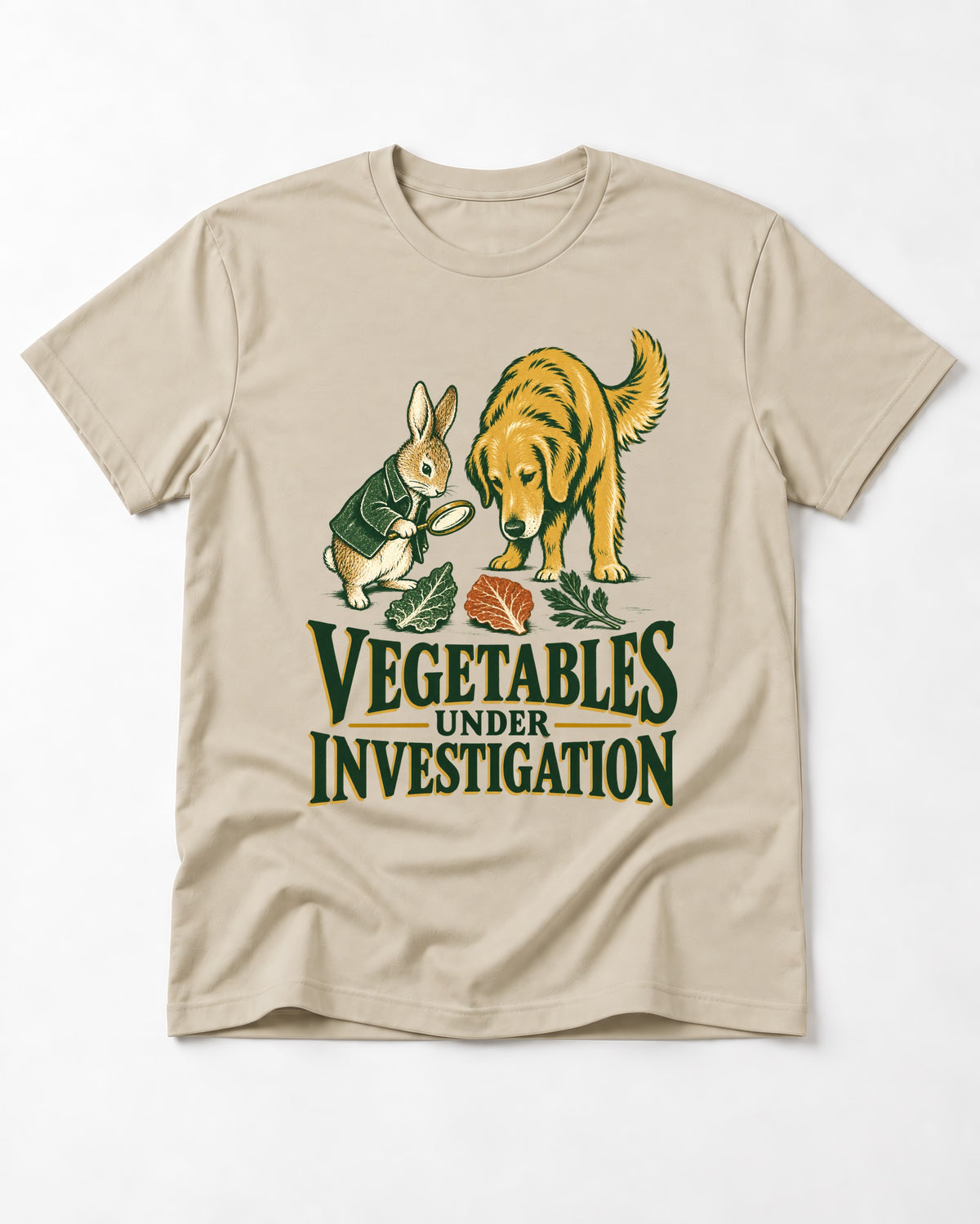 Golden Retriever Vegetables Under Investigation Rabbit Detective Graphic T-Shirt in Sand, flat lay product photo