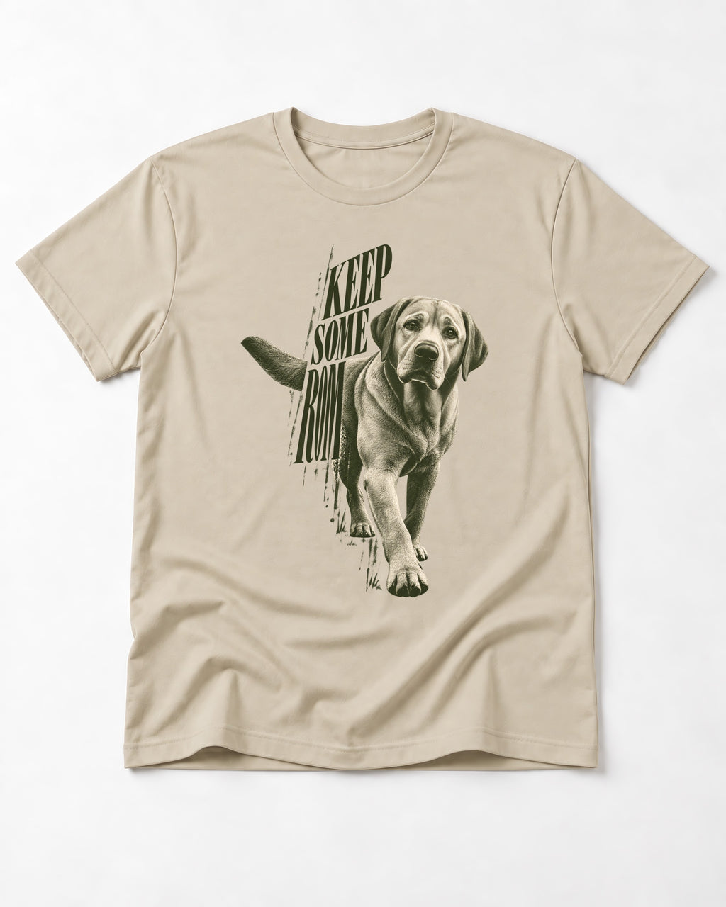 Keep Some Room Labrador Retriever T-Shirt in Sand, flat lay product photo