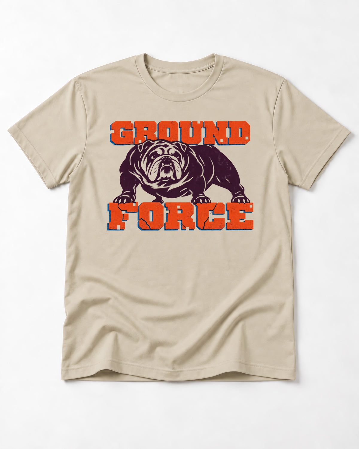 Ground Force English Bulldog T-Shirt in Sand, flat lay product photo