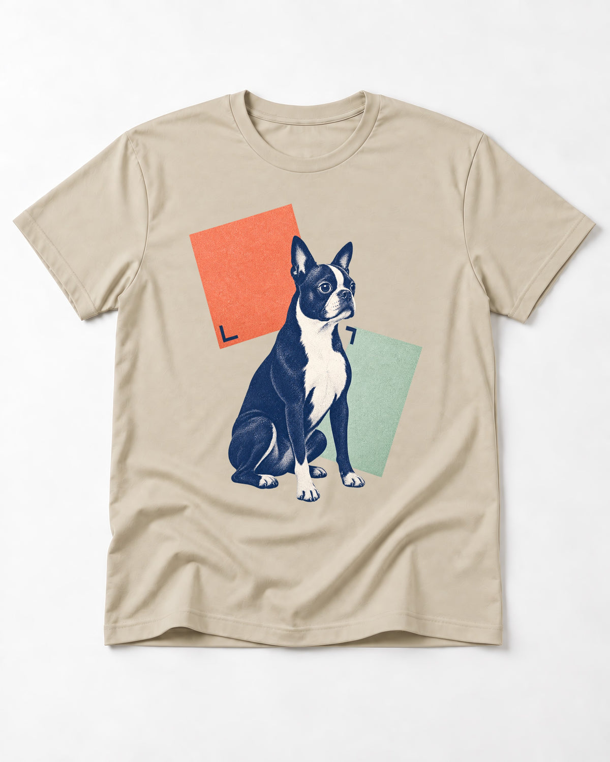 Boston Terrier Quiet Confidence T-Shirt in Sand, flat lay product photo