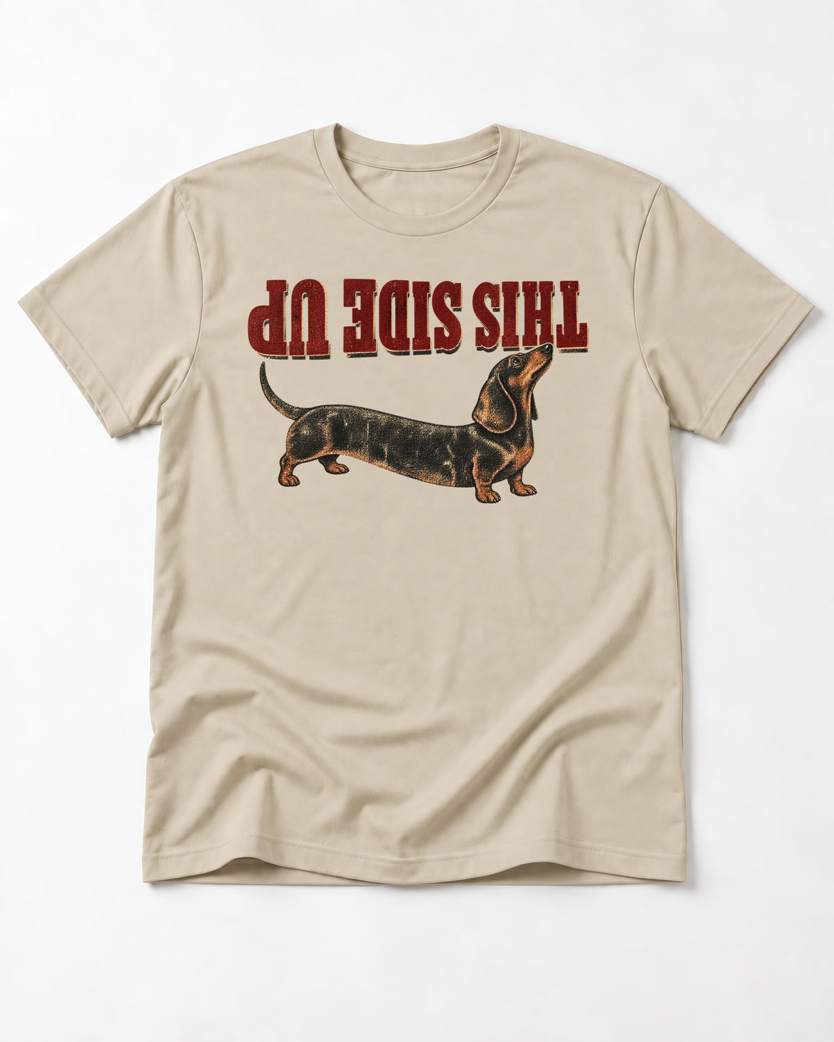 This Side Up Dachshund T-Shirt in Sand, flat lay product photo