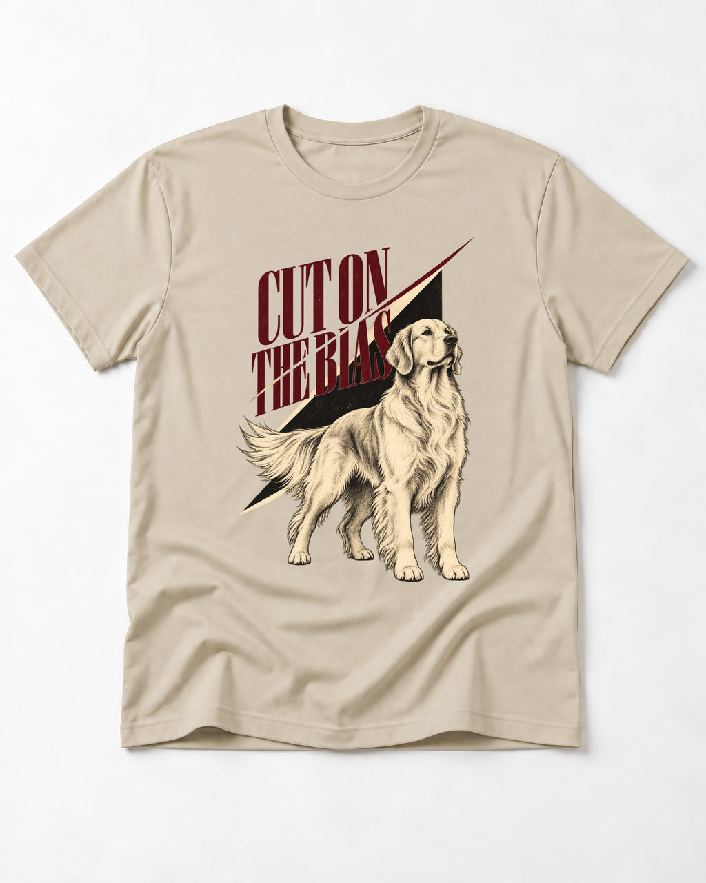 Cut on the Bias Golden Retriever T-Shirt in Sand, flat lay product photo
