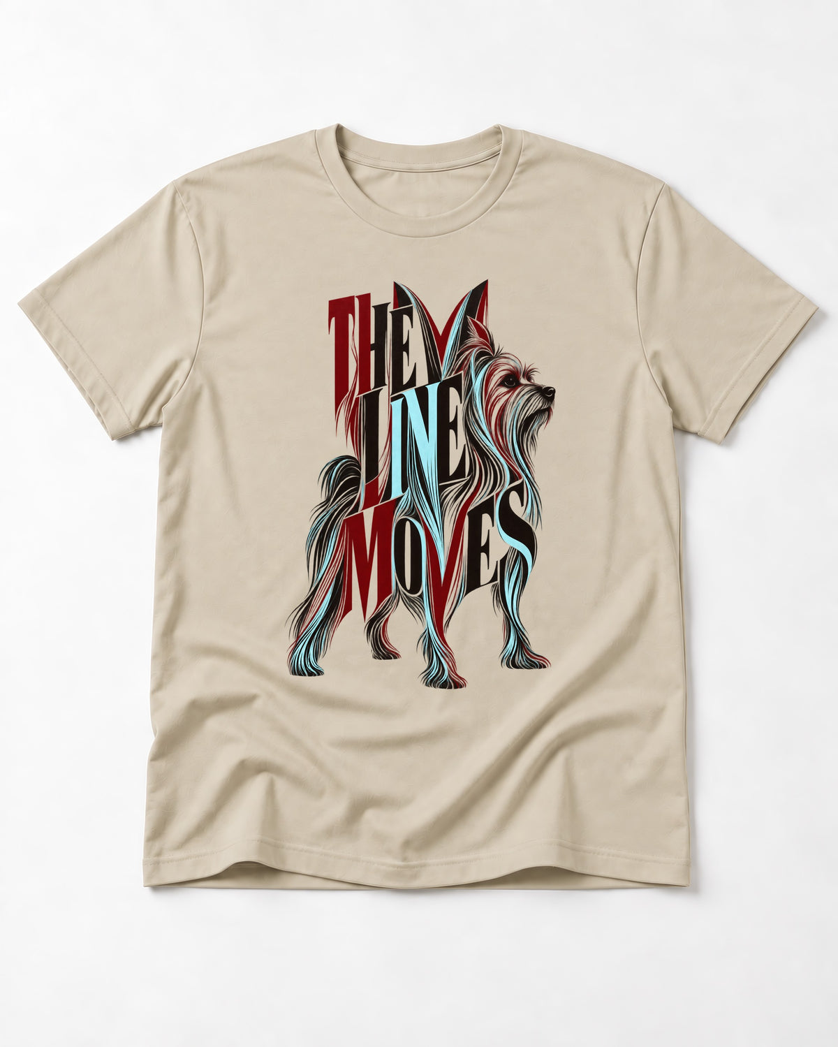 The One Moves Yorkshire Terrier T-Shirt in Sand, flat lay product photo