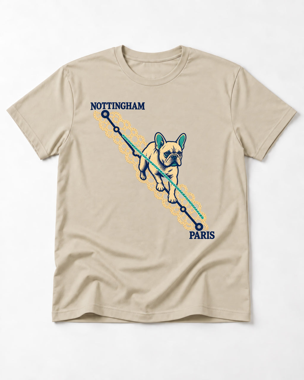Nottingham to Paris Frenchie T-Shirt in Sand, flat lay product photo