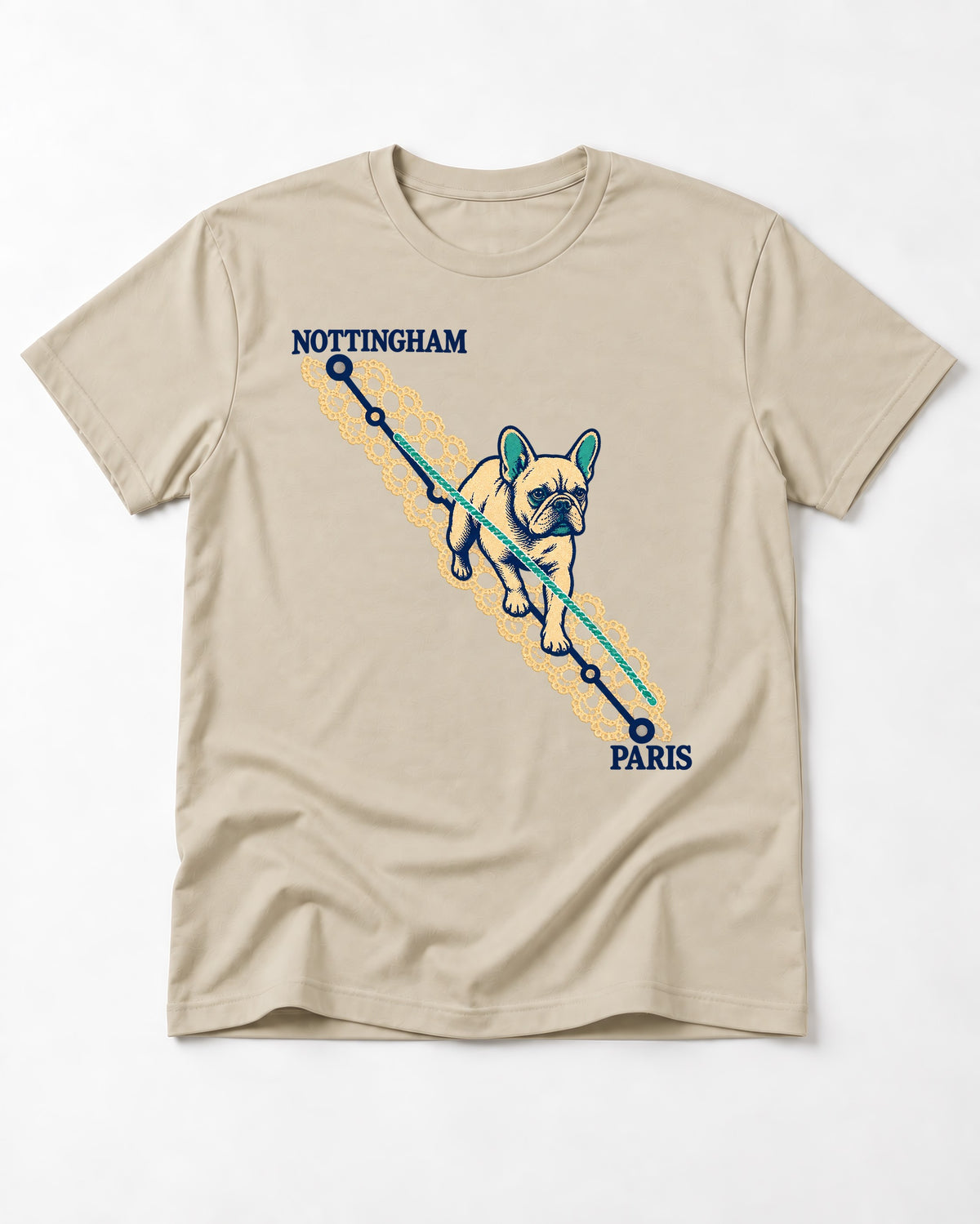 Nottingham to Paris Frenchie T-Shirt in Sand, flat lay product photo