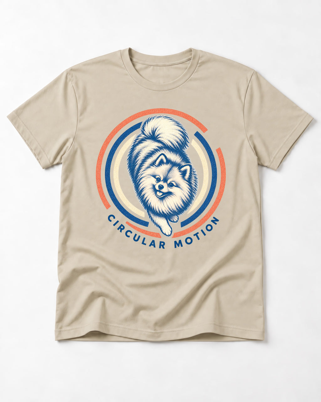 Pomeranian Circular Motion T-Shirt in Sand, flat lay product photo