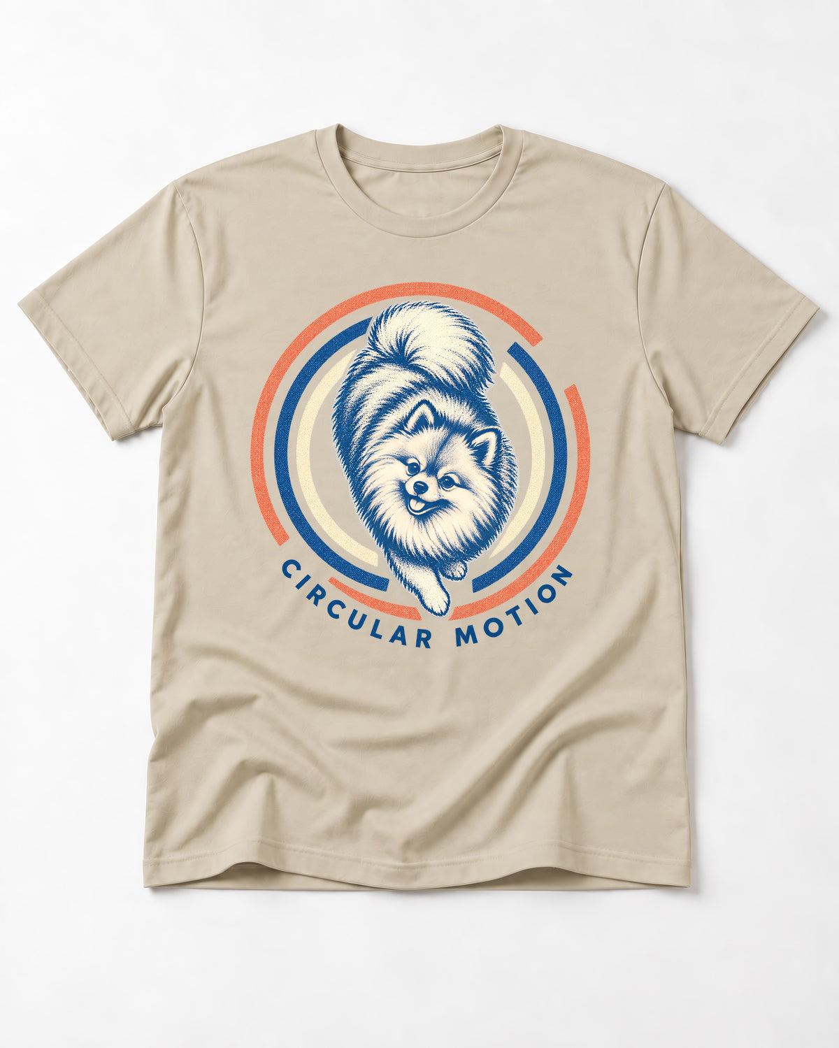 Pomeranian Circular Motion T-Shirt in Sand, flat lay product photo