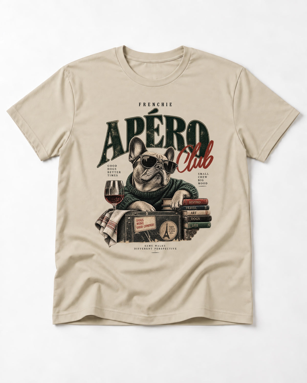 Frenchie Apero Club T-Shirt in Sand, flat lay product photo