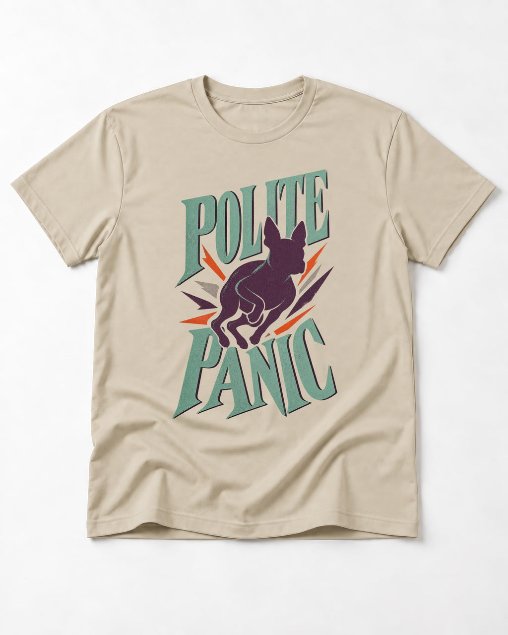 Polite Panic Boston Terrier T-Shirt in Sand, flat lay product photo