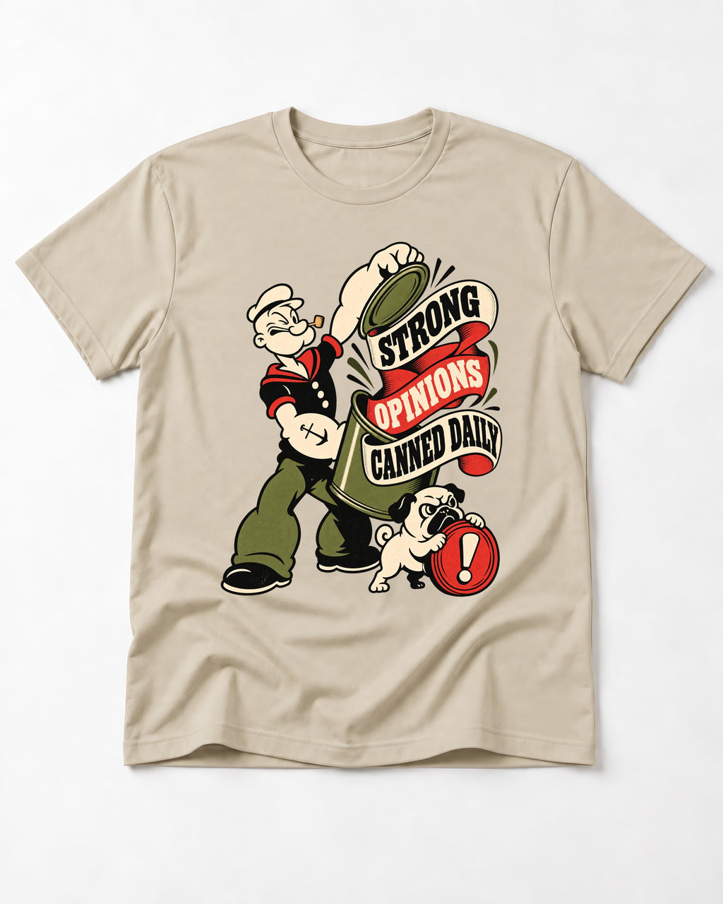 Pug Strong Opinions T-Shirt in Sand, flat lay product photo