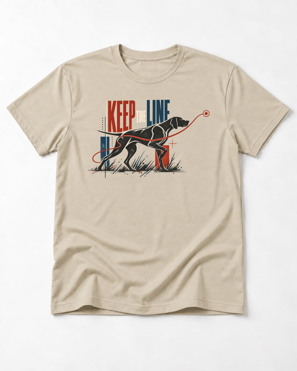 Keep the Line German Shorthaired Pointer T-Shirt in Sand, flat lay product photo