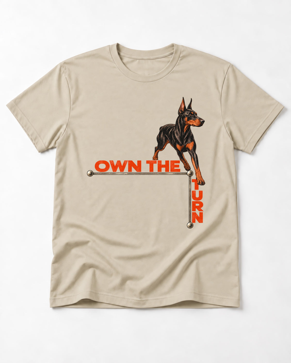 Own the Turn Doberman T-Shirt in Sand, flat lay product photo