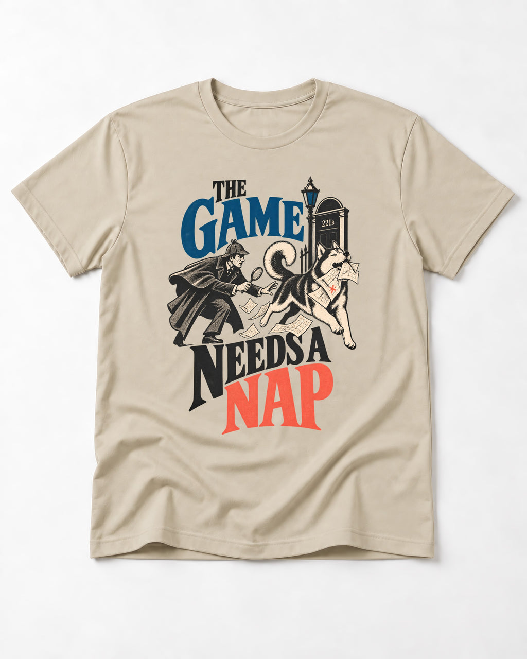 Husky Needs a Nap T-Shirt in Sand, flat lay product photo