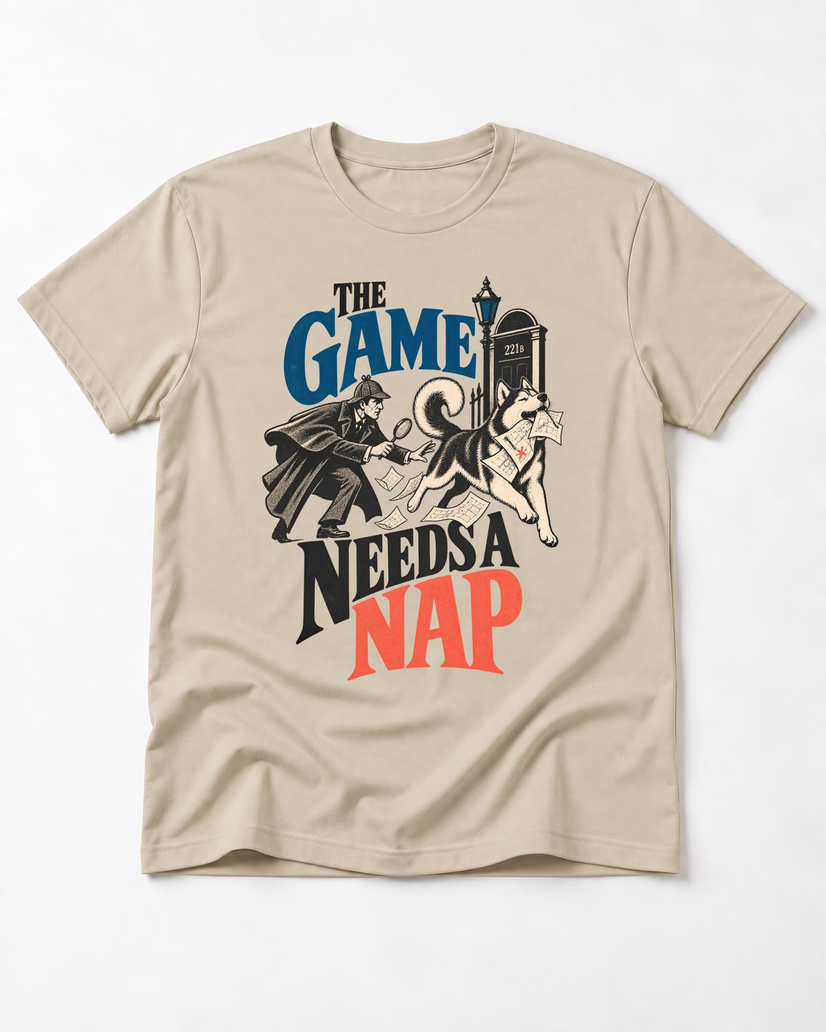Husky Needs a Nap T-Shirt in Sand, flat lay product photo