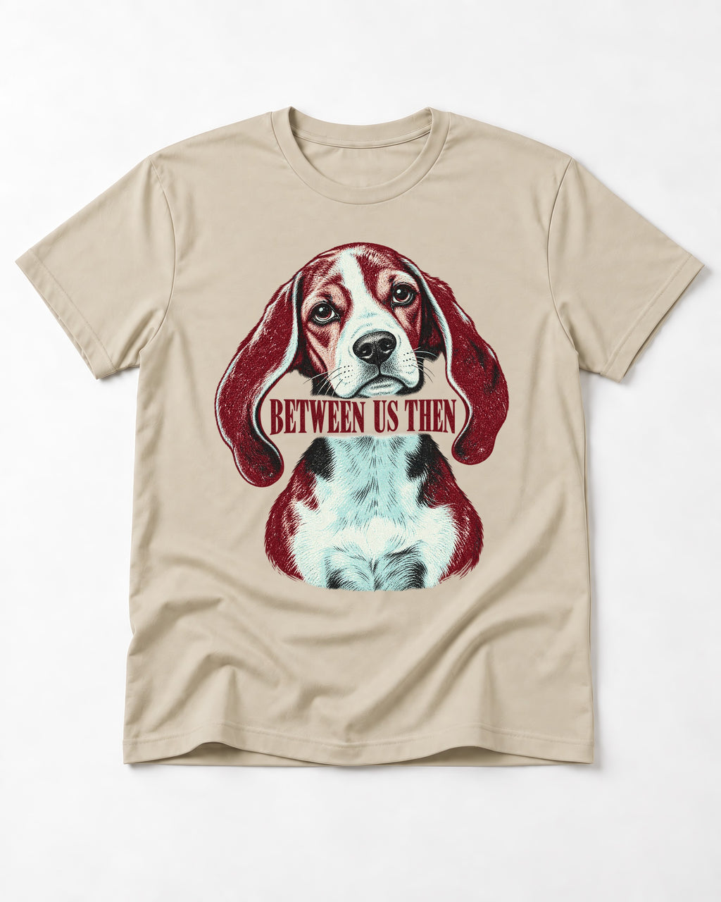 Beagle Between Us Then T-Shirt in Sand, flat lay product photo