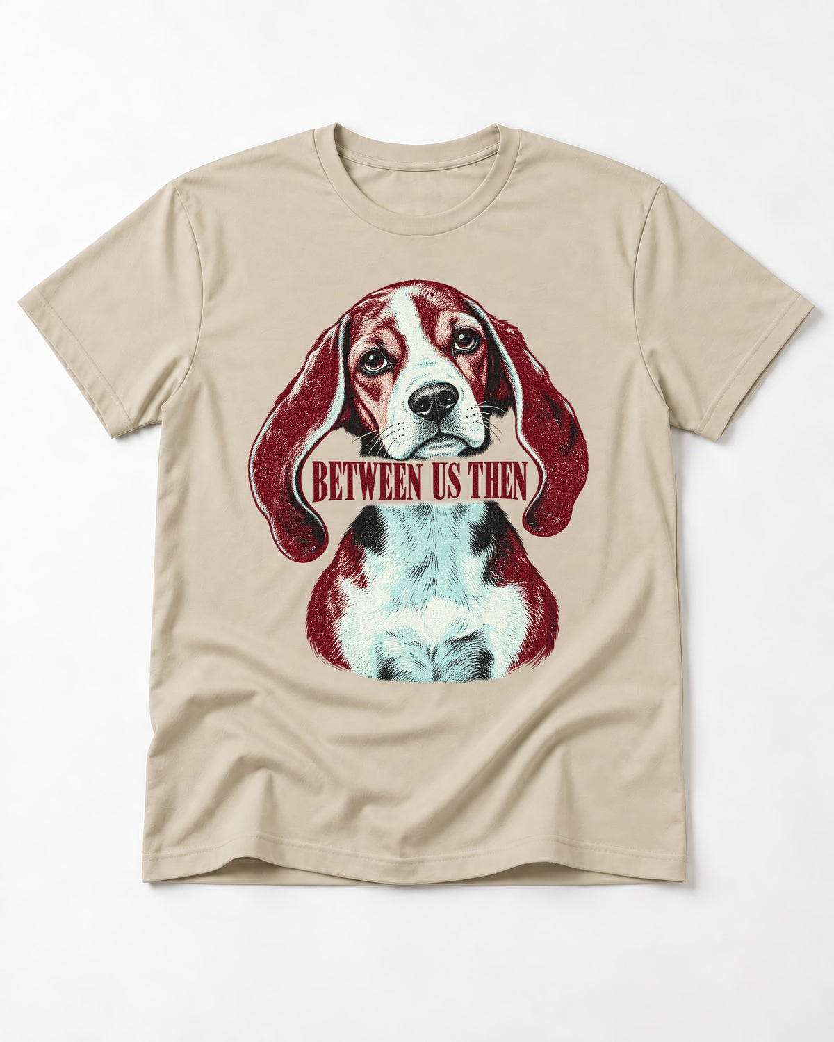 Beagle Between Us Then T-Shirt in Sand, flat lay product photo