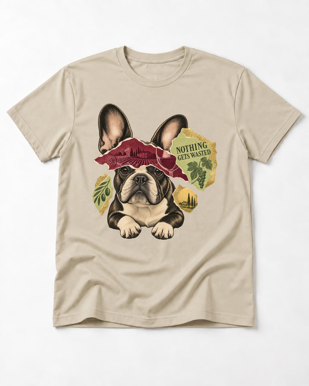 Nothing Gets Wasted with Frenchie T-Shirt in Sand, flat lay product photo