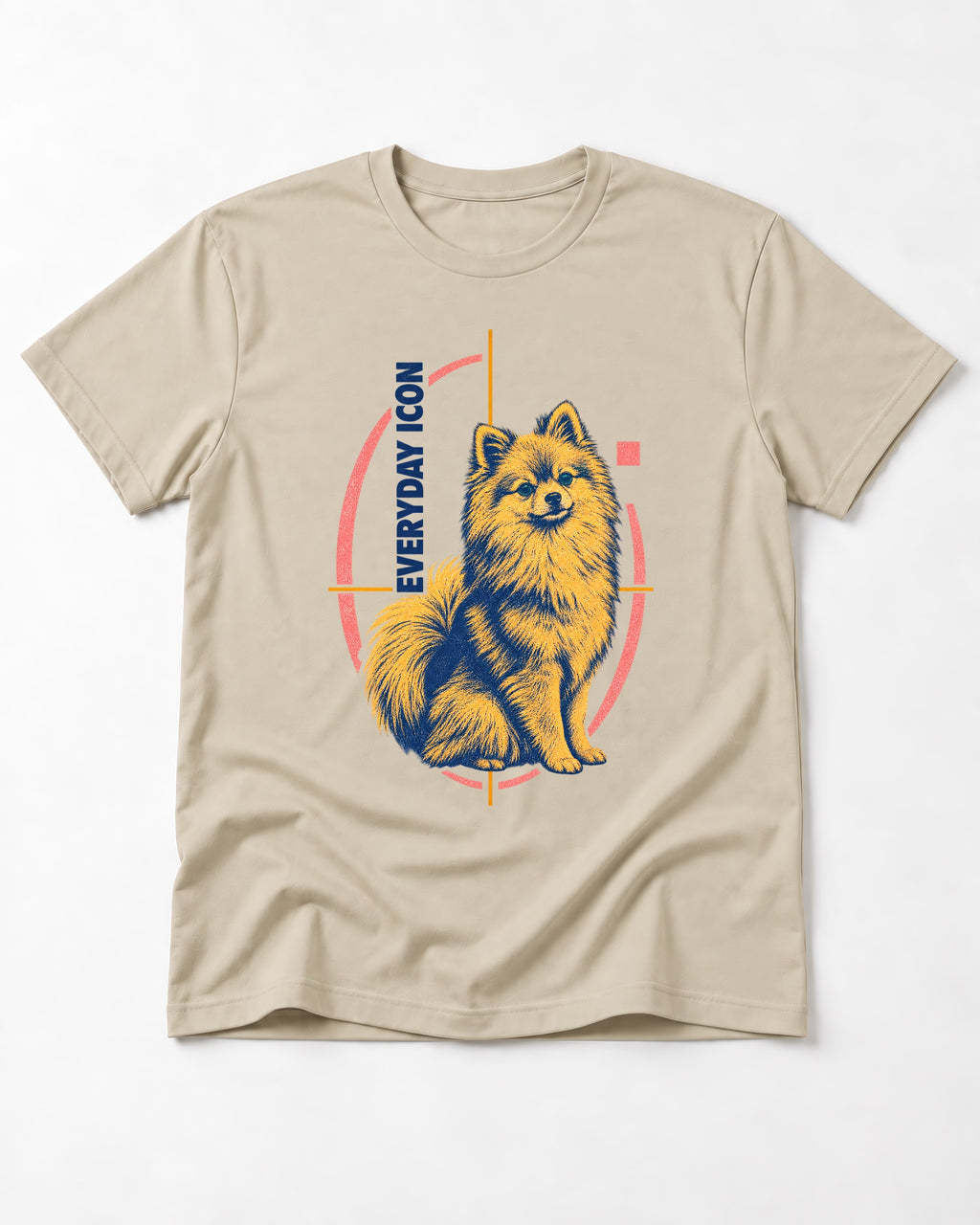 Pomeranian Everyday Icon T-Shirt in Sand, flat lay product photo