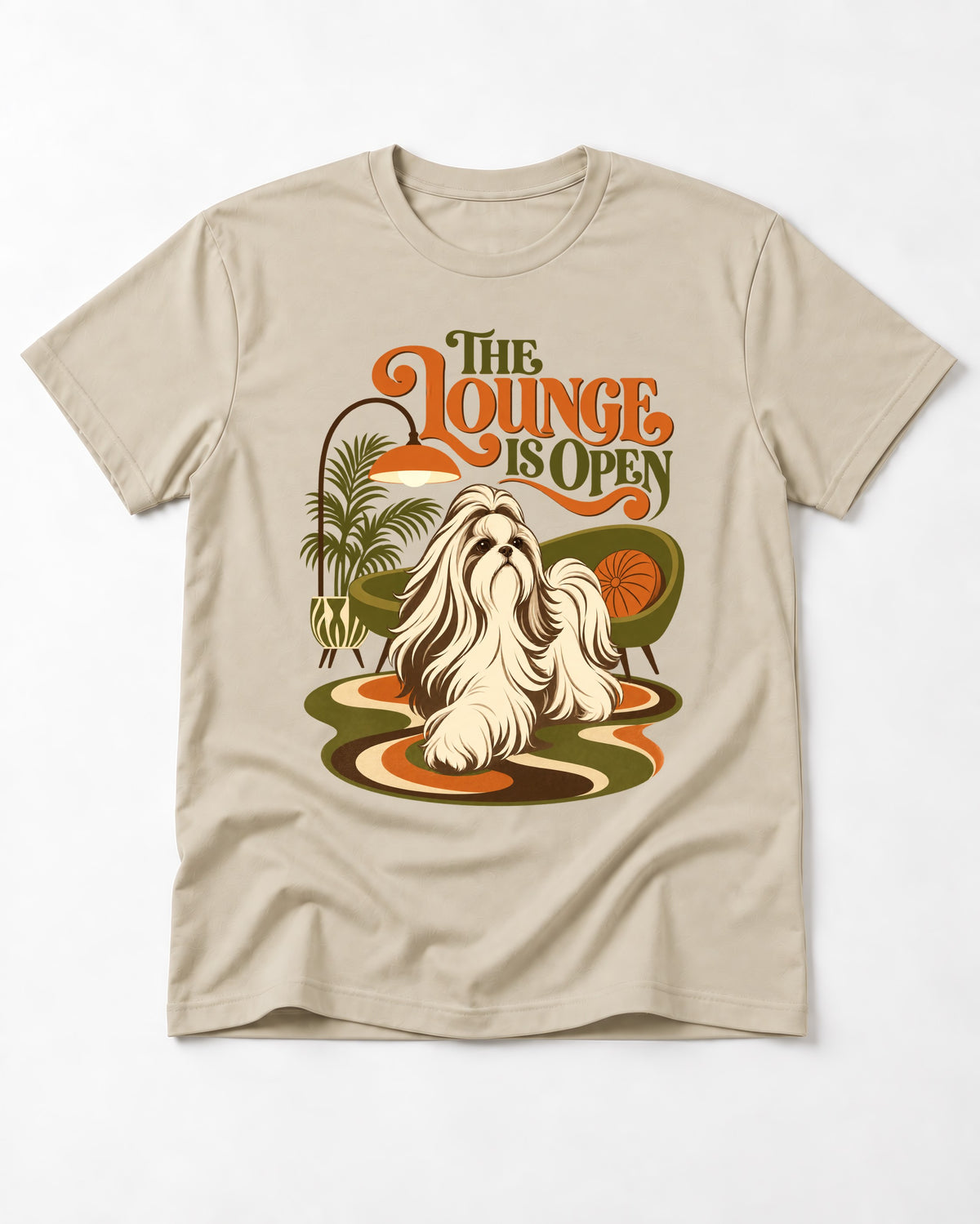 The Shih Tzu Lounge Is Open T-Shirt in Sand, flat lay product photo