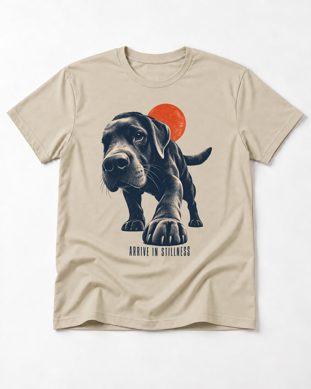 Labrador Retriever Arrive in Stillness T-Shirt in Sand, flat lay product photo