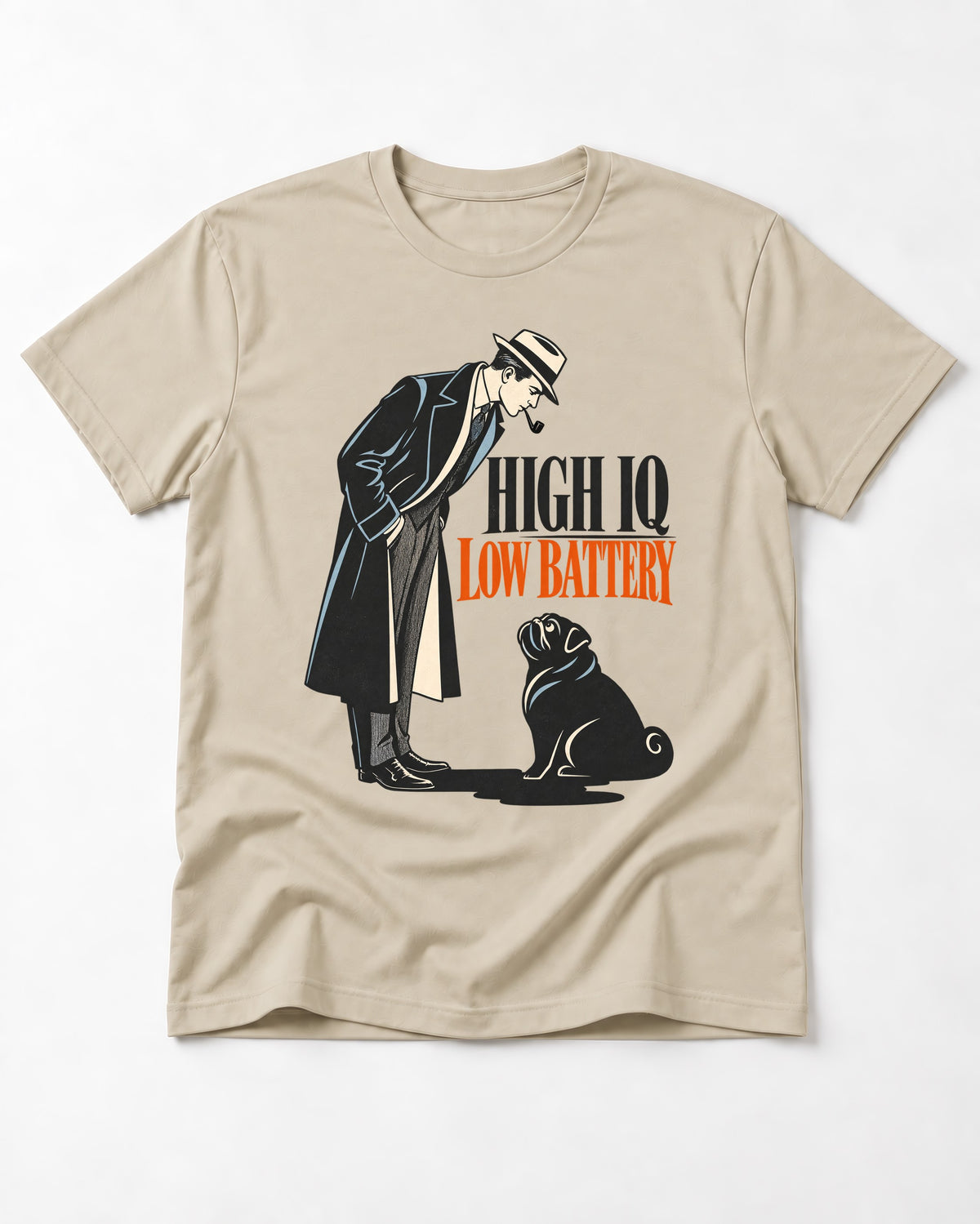 High Iq Low Battery Pug T-Shirt in Sand, flat lay product photo