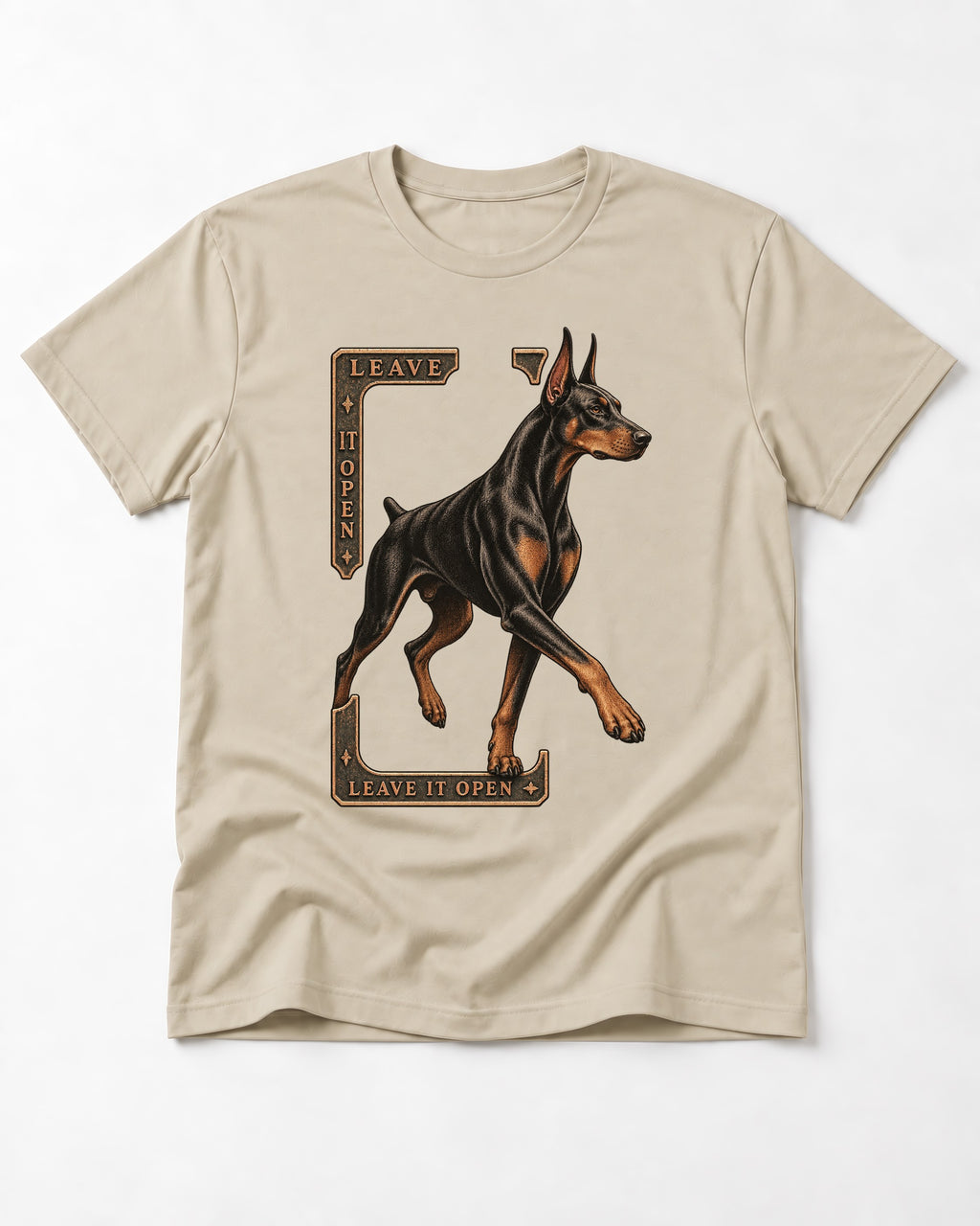 Leave It Open Doberman T-Shirt in Sand, flat lay product photo
