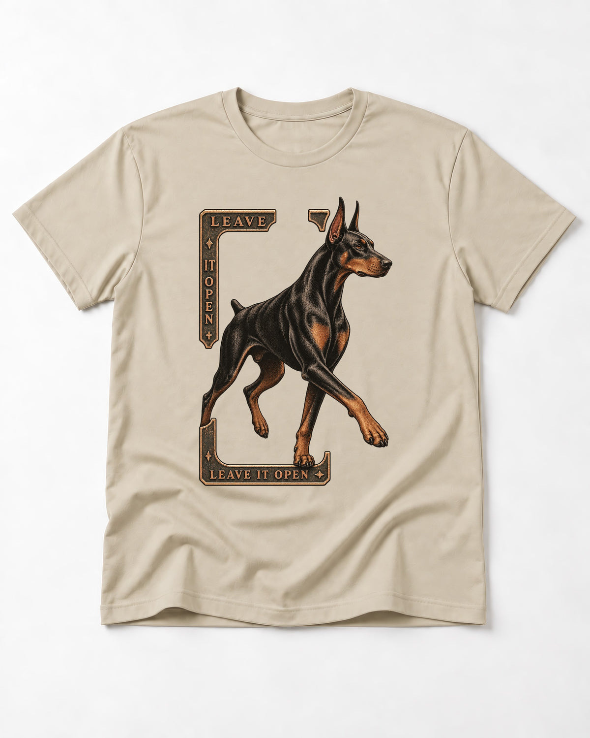 Leave It Open Doberman T-Shirt in Sand, flat lay product photo