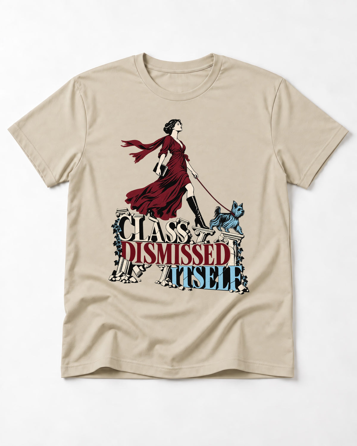 Class Dismissed Itself Yorkshire Terrier T-Shirt in Sand, flat lay product photo