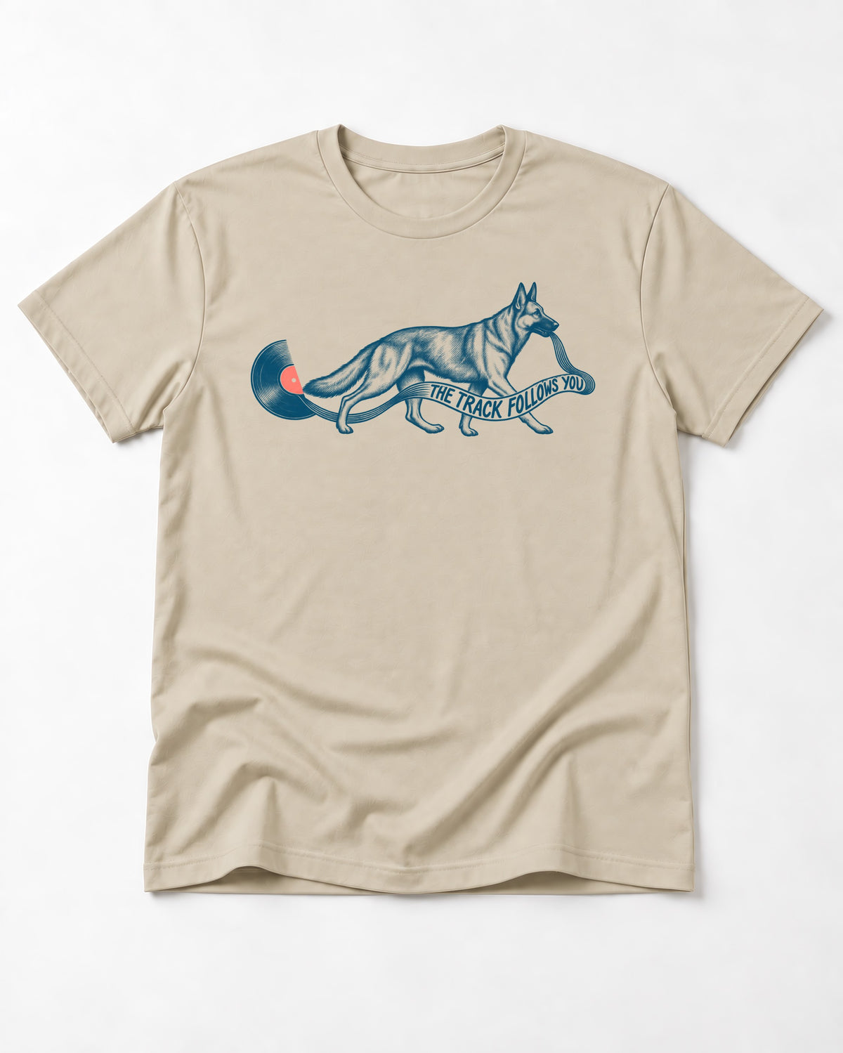 German Shepherd Dog The Track Follows You T-Shirt in Sand, flat lay product photo