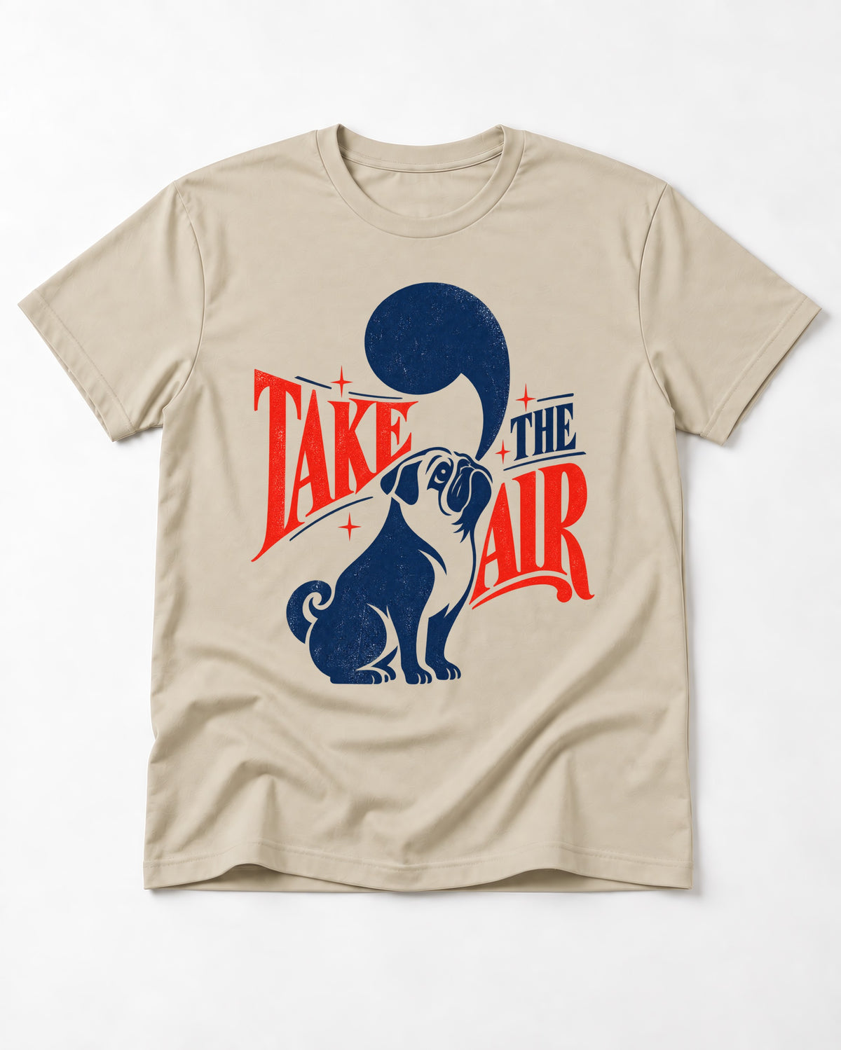 Pug Take the Air T-Shirt in Sand, flat lay product photo